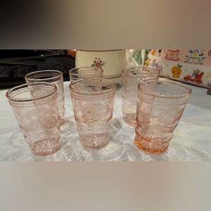 Set of 6  Vintage Pink Etched Juice Glasses from Depression Era.